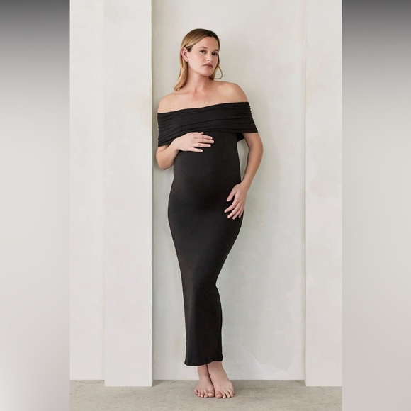 NWOT Revolve brand Bumpsuit Bianca off the shoulder black maxi dress. Size large - Picture 3 of 13